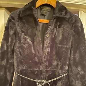 Donna Karan Black Full Length Coat 4 6 Crushed Velvet Bouclé Leather Belt